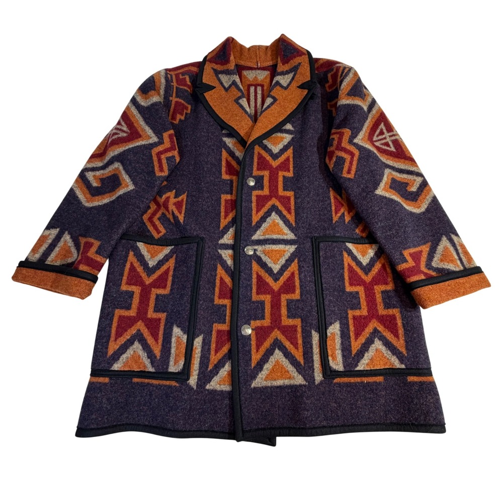 Vintage Handmade Wool Blanket Coat Mens L Reversible Southwestern Buffalo Nickel